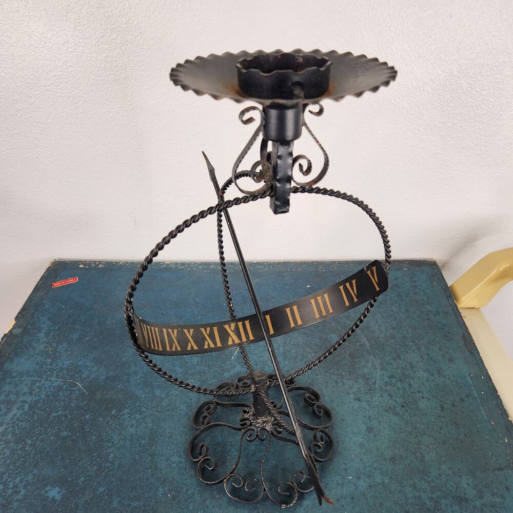 VTG Spanish Revival Gothic Wrought Iron Candle Holder Sundial Roman Numerals